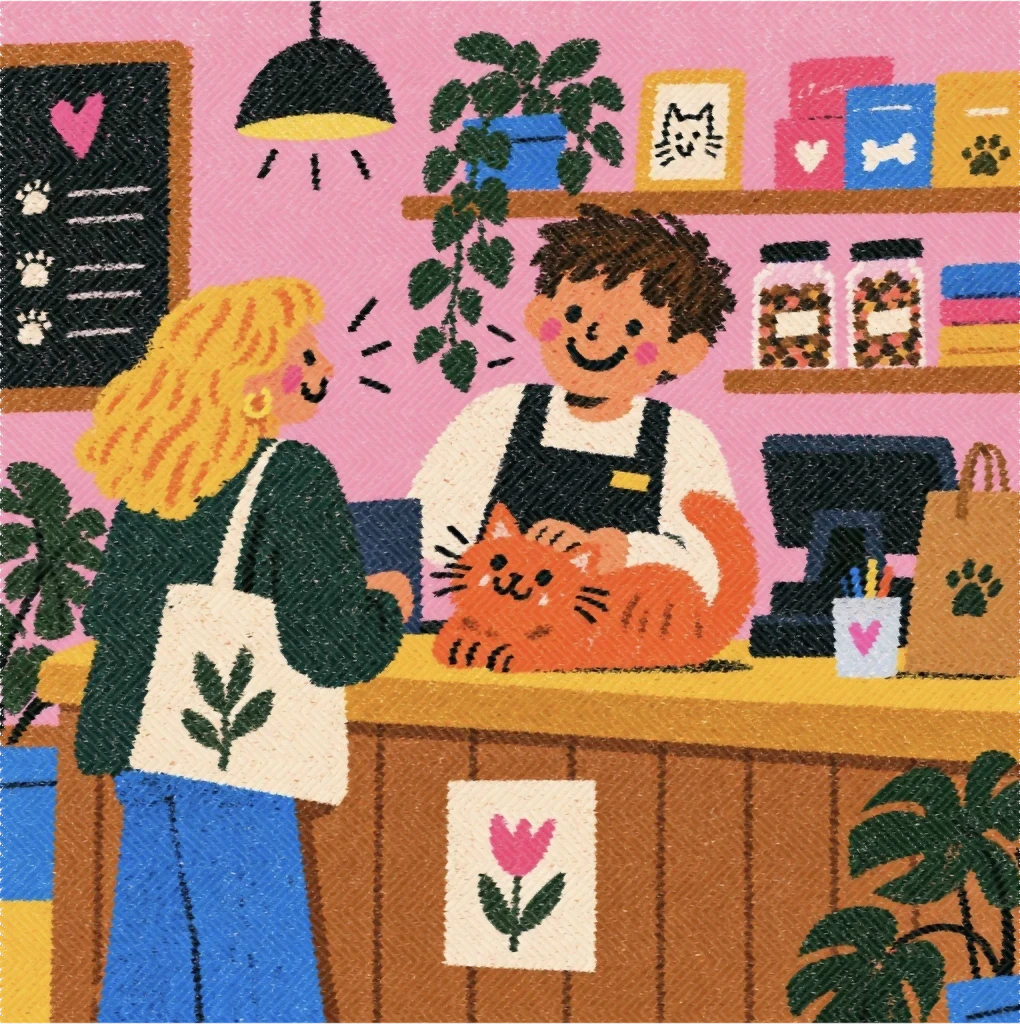 Illustration of a shop counter. A smiling shopkeeper in a black apron pets an orange tabby cat lying on the counter while a customer with a tote bag chats with them.