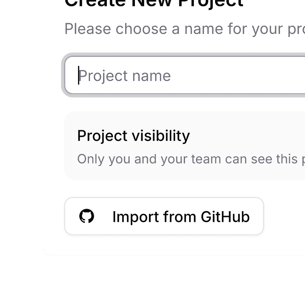 Create New Project dialog with a project name input field, project visibility setting indicating private team access, and an Import from GitHub button