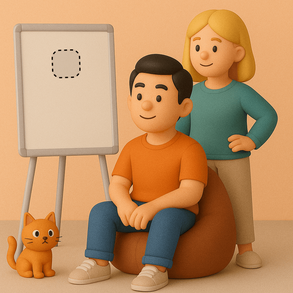A clay-style illustration of a man sitting on a bean bag and a woman standing beside him, with a whiteboard in the background and a small orange cat sitting near their feet.