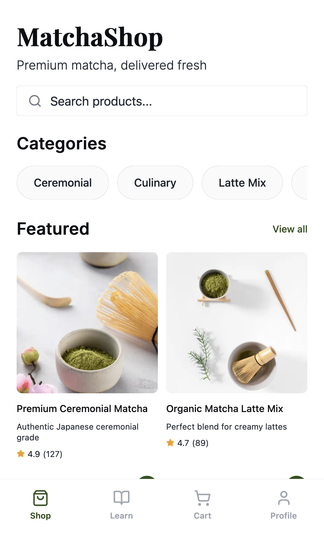 A preview image of the "Matcha Shop" sample app that's built using BuildAvelo